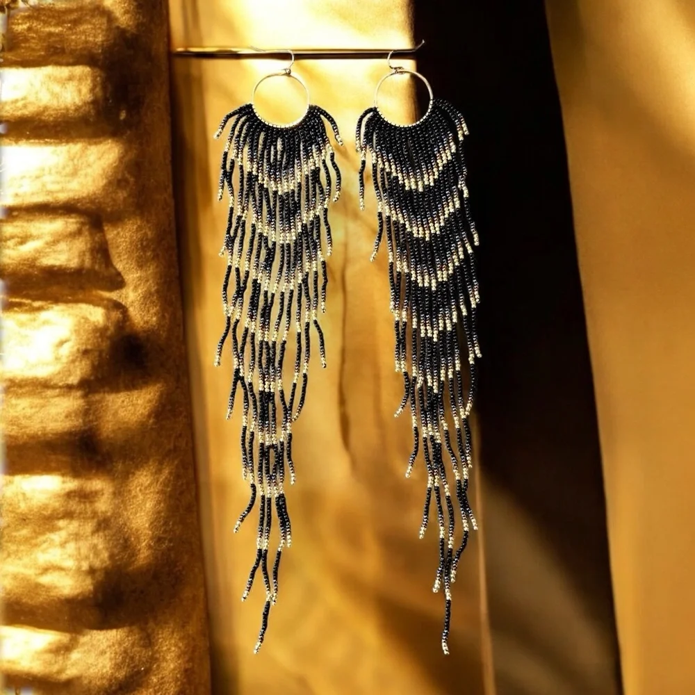 Black and Gold Glass Beaded Chandelier Earrings with Cascading Feather Design - Picture 10 of 17